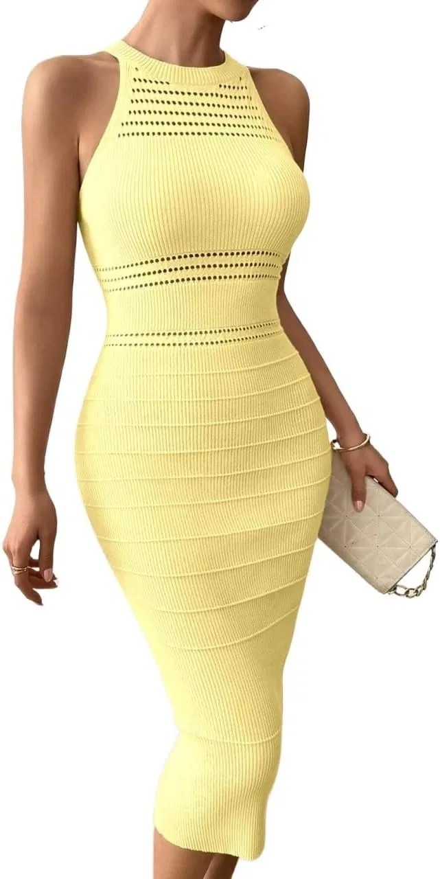 Женское платье миди с вырезом и вязкой Sleeveless Halter Cutout, Yellow