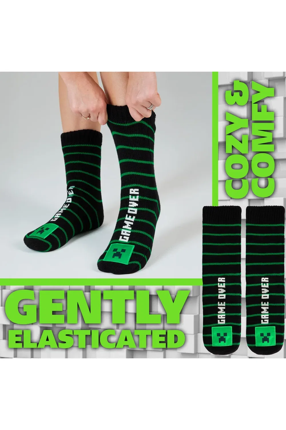 Детские тапочки-носки с нескользящей подошвой из флиса Creeper Minecraft, Black — фото 4