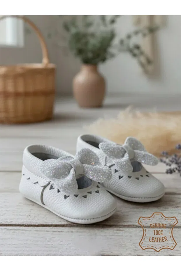 Детские пинетки для девочек кожаные Denokids, White — фото 4