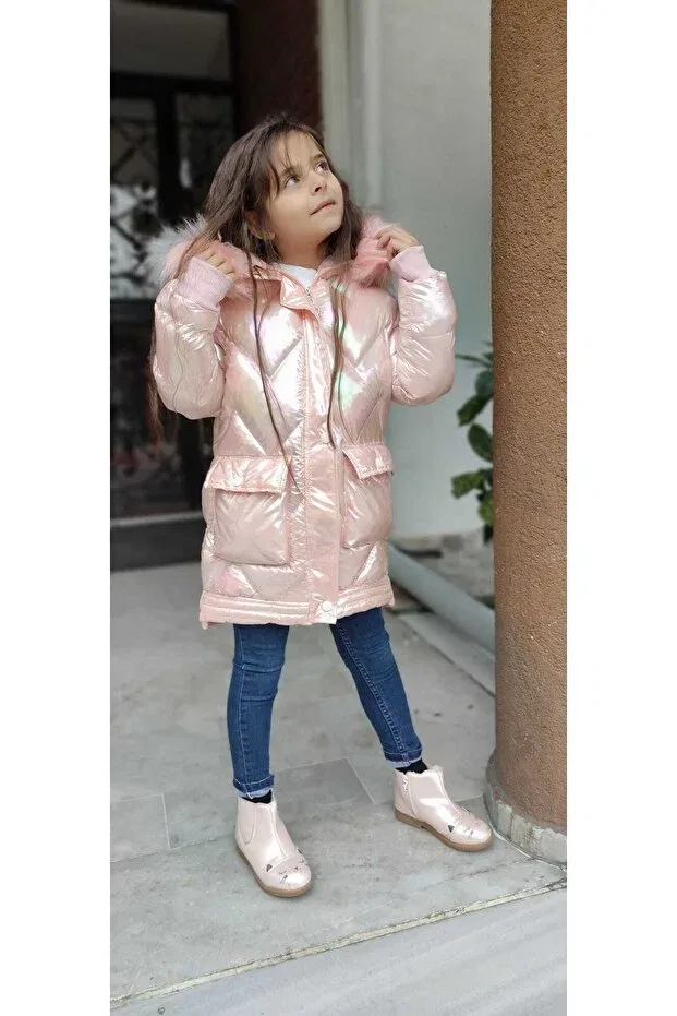 Детское пальто-пуховик для девочек с длинным рукавом Minigimin Dolabı, Pink