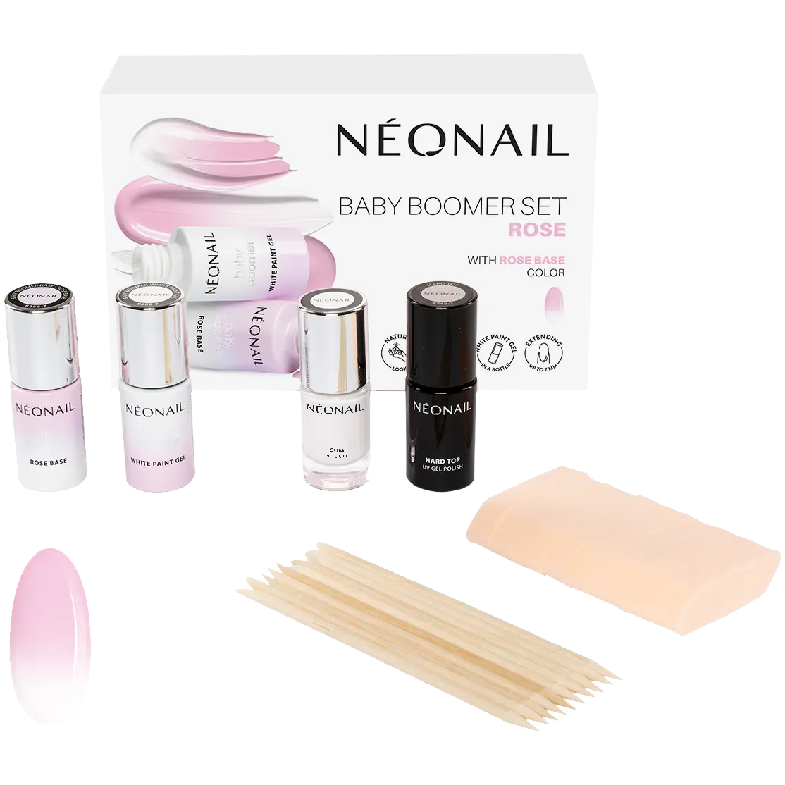 

Neonail Baby Boomer набор: база в розовом цвете, 7,2 мл + гель для декорирования, 7,2 мл + спонжи для омбре + топ для гибридных лаков, 7,2 мл + защитная резинка для кутикулы, 7,2 мл + деревянные палочки