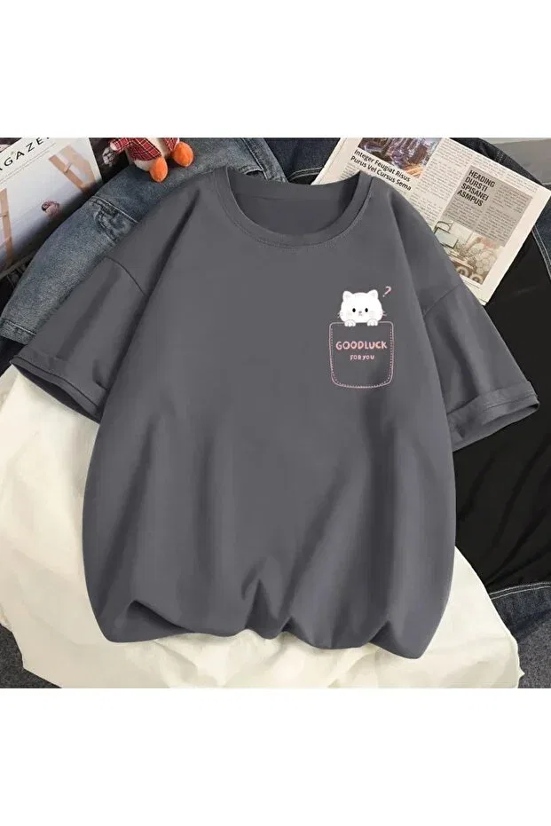 Детская футболка оверсайз с принтом Good Luck For You Cat Machetta, Anthracite