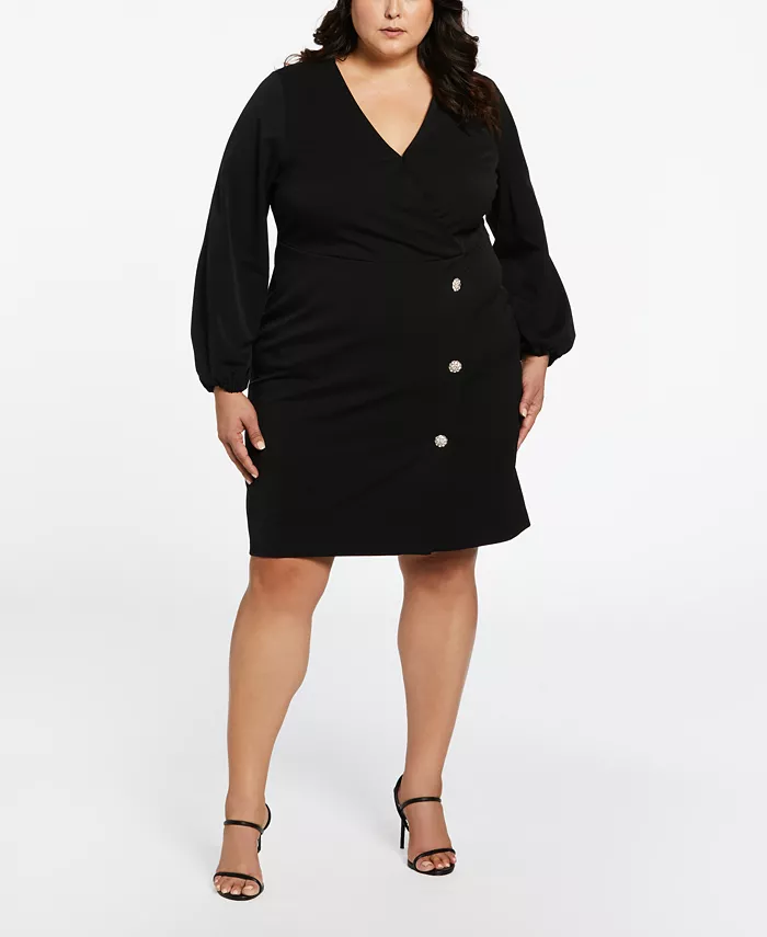 

Платье больших размеров с длинными рукавами и отделкой из драгоценных пуговиц ELLA Rafaella