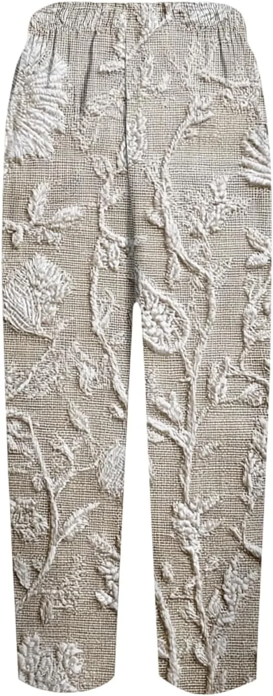 Штаны для женщин Casual Linen летние штаны с эластичной талией, летние капри, прямые, свободного кроя, с карманами generic, хаки — фото 4