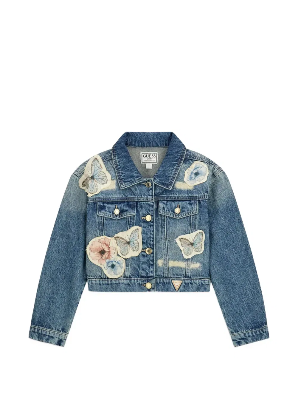 Джинсовая куртка с аппликацией в виде бабочек Guess Kids, синий