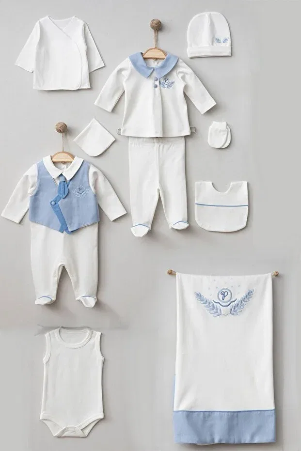 Детский комплект одежды для новорожденных для мальчиков хлопковый Pugi Baby Ultralük 10 Piece Hospital Outfit Set with Tie Cherub Baby, Blue