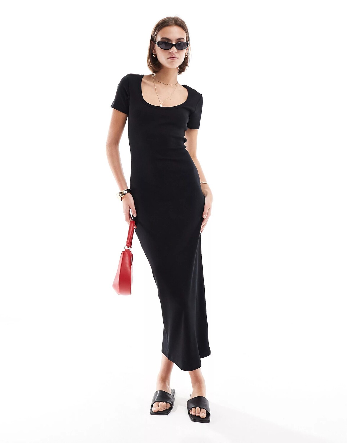 

Платье Asos Design Ribbed Scoop Neck Midaxi With Cap Sleeve, черный