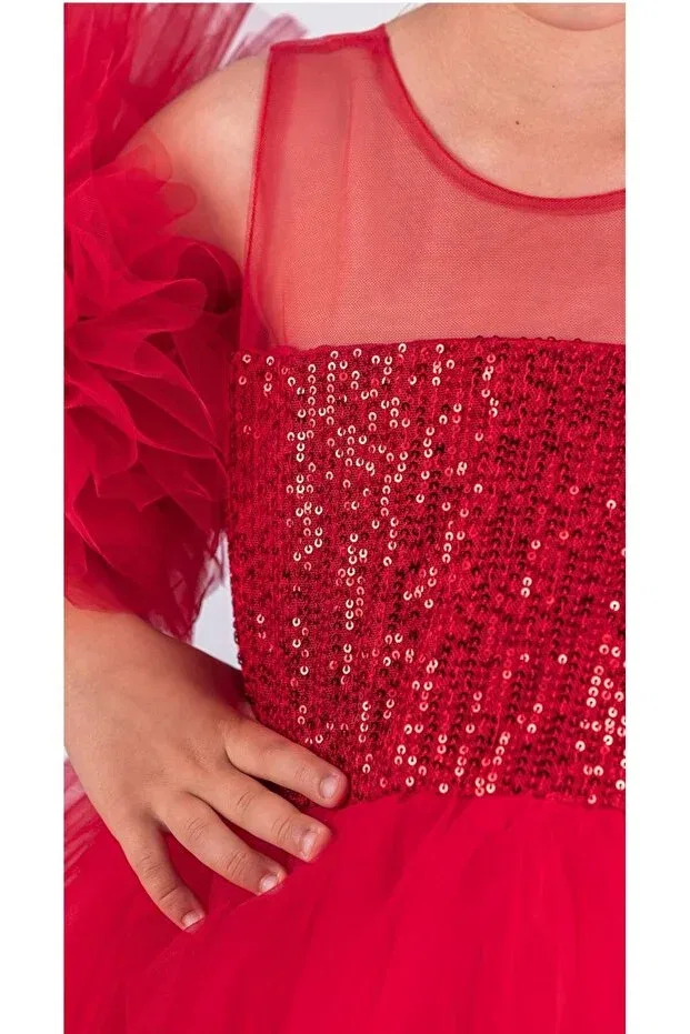 Детское платье для девочек с коротким рукавом Pon Pon Sleeves Sequined April 23rd Dress Tutu Birthday Dress & Girls' Evening Dress Little Pumpkin, Red — фото 2