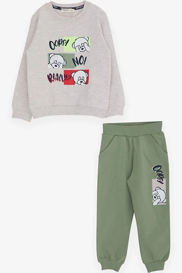 Детский комплект спортивного костюма для мальчиков с принтом Confused Teddy Bear Breeze, Beige Melange