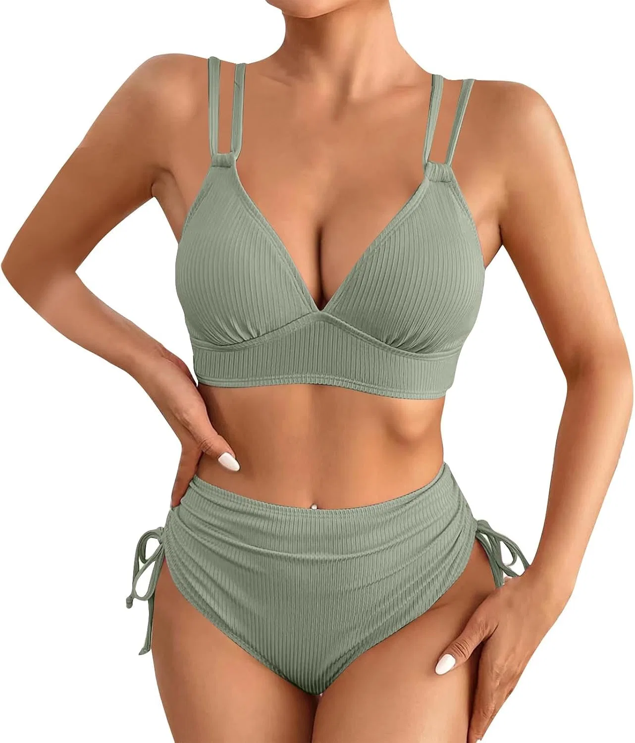 Женский бикини-комплект с высокой талией Ribbed, Green