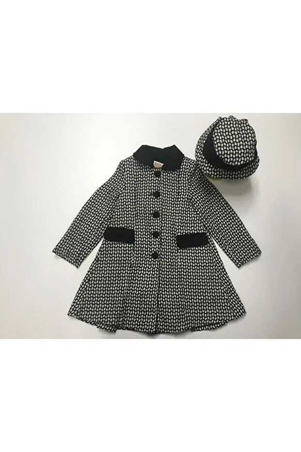 Детское пальто для девочек с принтом Winter collared lined hat buttoned pocket square patterned girls' cashmere coat Baby Slon Kids Clup, Black White