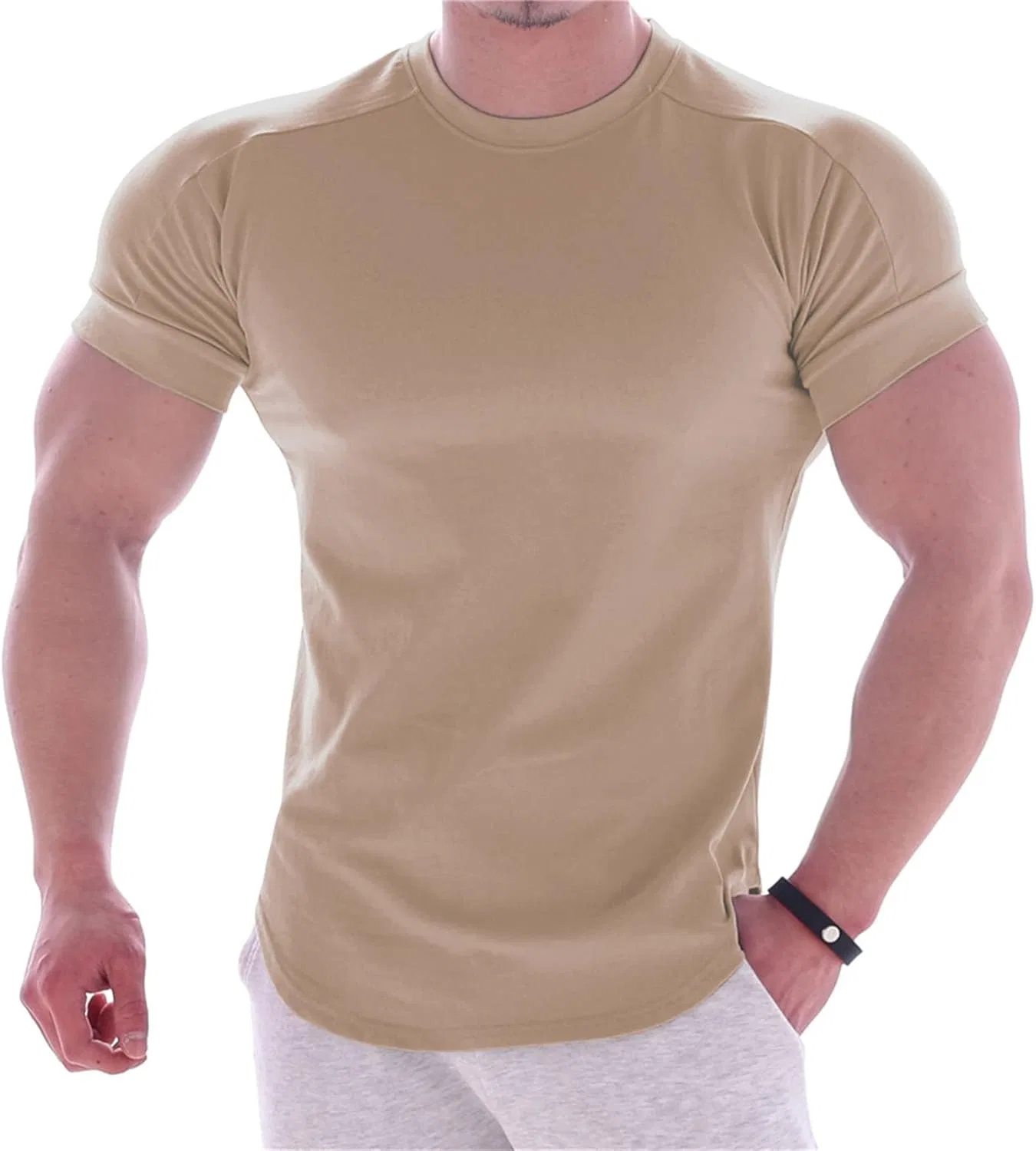 Мужская облегающая майка для бодибилдинга с коротким рукавом Khaki — фото 2