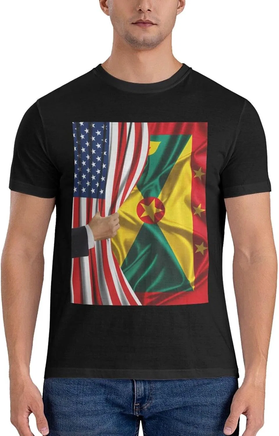 Мужская футболка с принтом America Flag и Grenada Flag, Black — фото 4