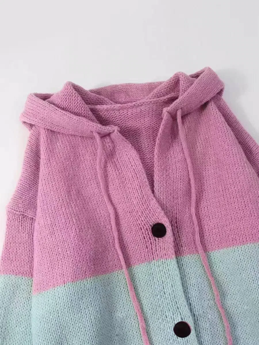 Женский кардиган на пуговицах с капюшоном, Stripe Sweaters, розовый — фото 4