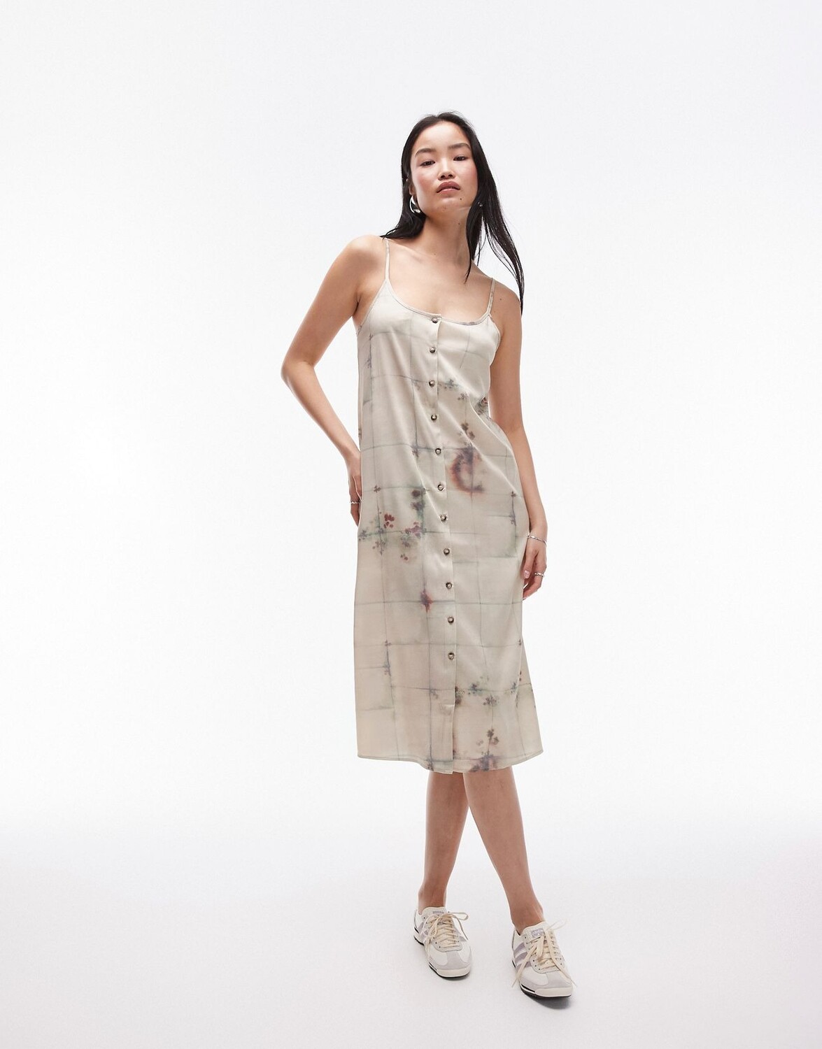 Платье-комбинация Topshop Knee-length In Bleached Fine Plaid With Buttons, бледно-розовый