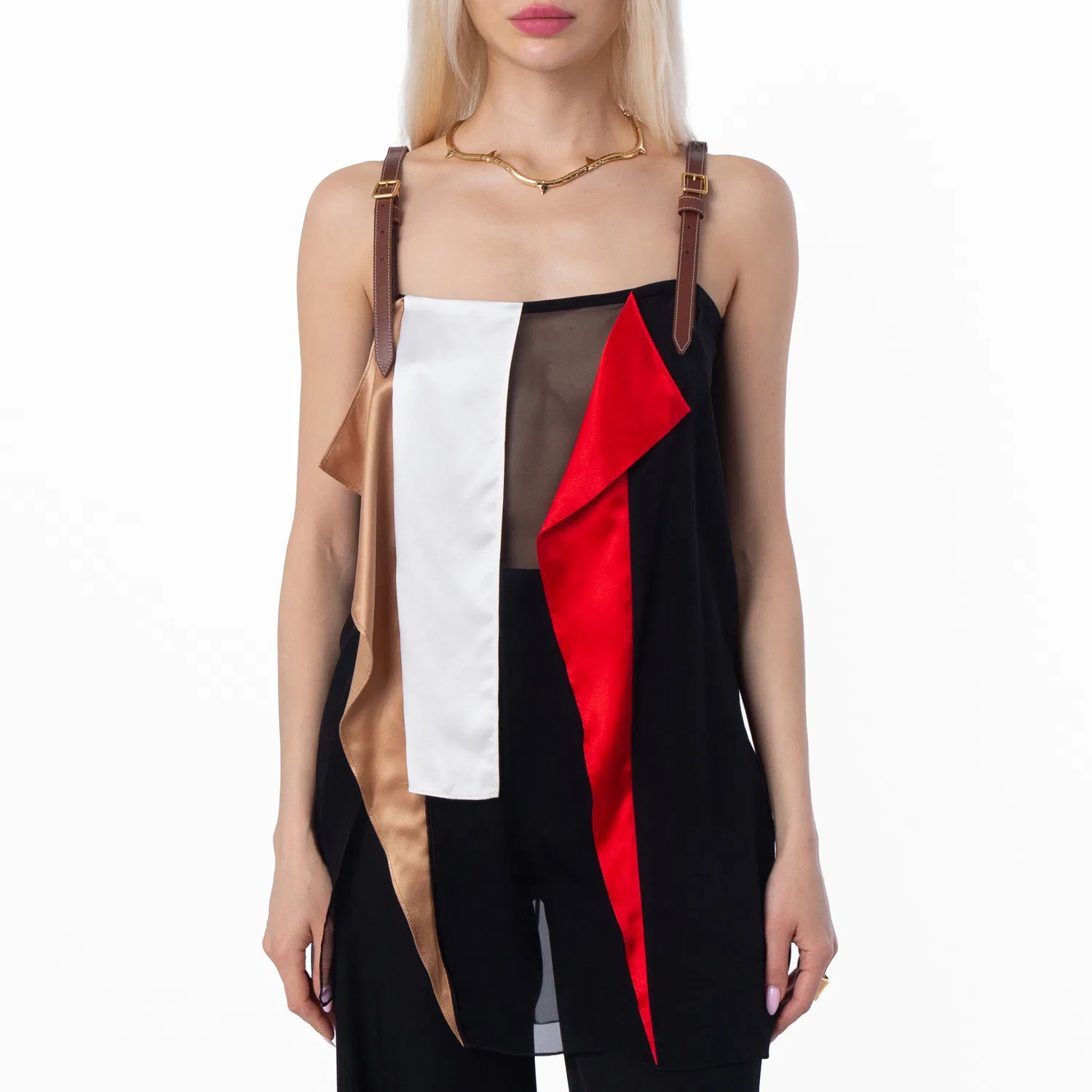 Топ из шёлка с кожаными деталями, модель Leather Detail Colour Block Burberry, Black