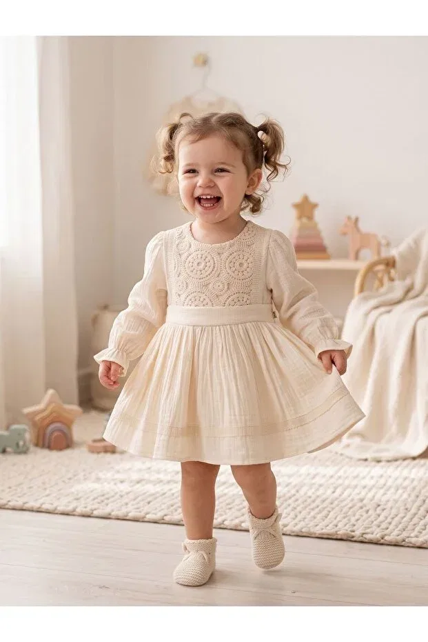 Детское платье для девочек кружевное Robasi ring lace muslin dress Cherrys Bebek, Cream