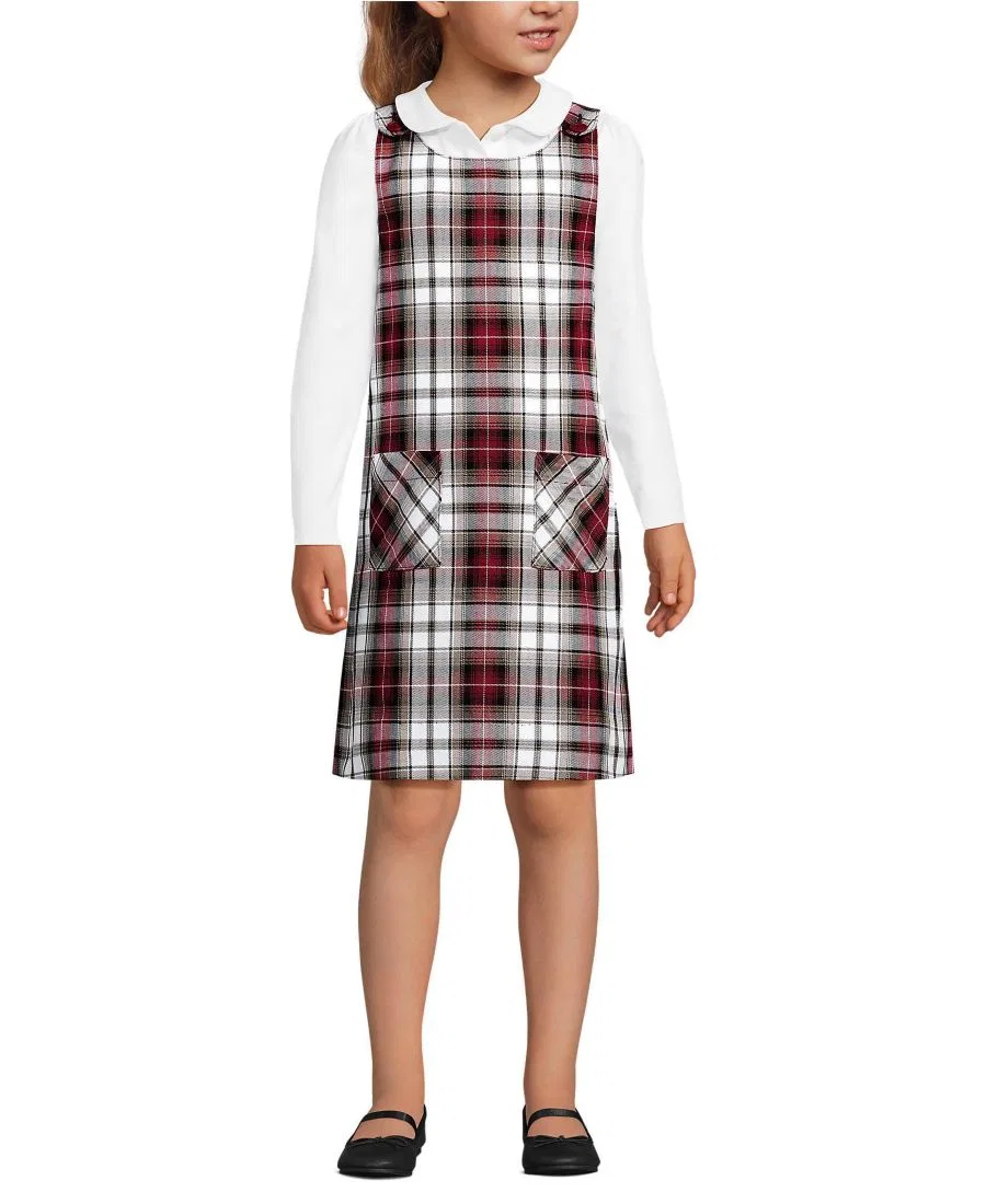Платье-джемпер с пуговицами на плечах и накладными карманами Lands' End, Garnet Khaki Plaid
