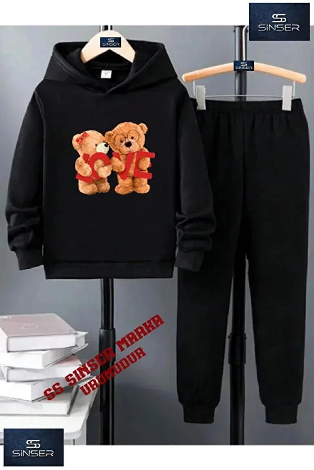 Детский комплект спортивного костюма для девочек с принтом Bear Love Ss Sinser, Black