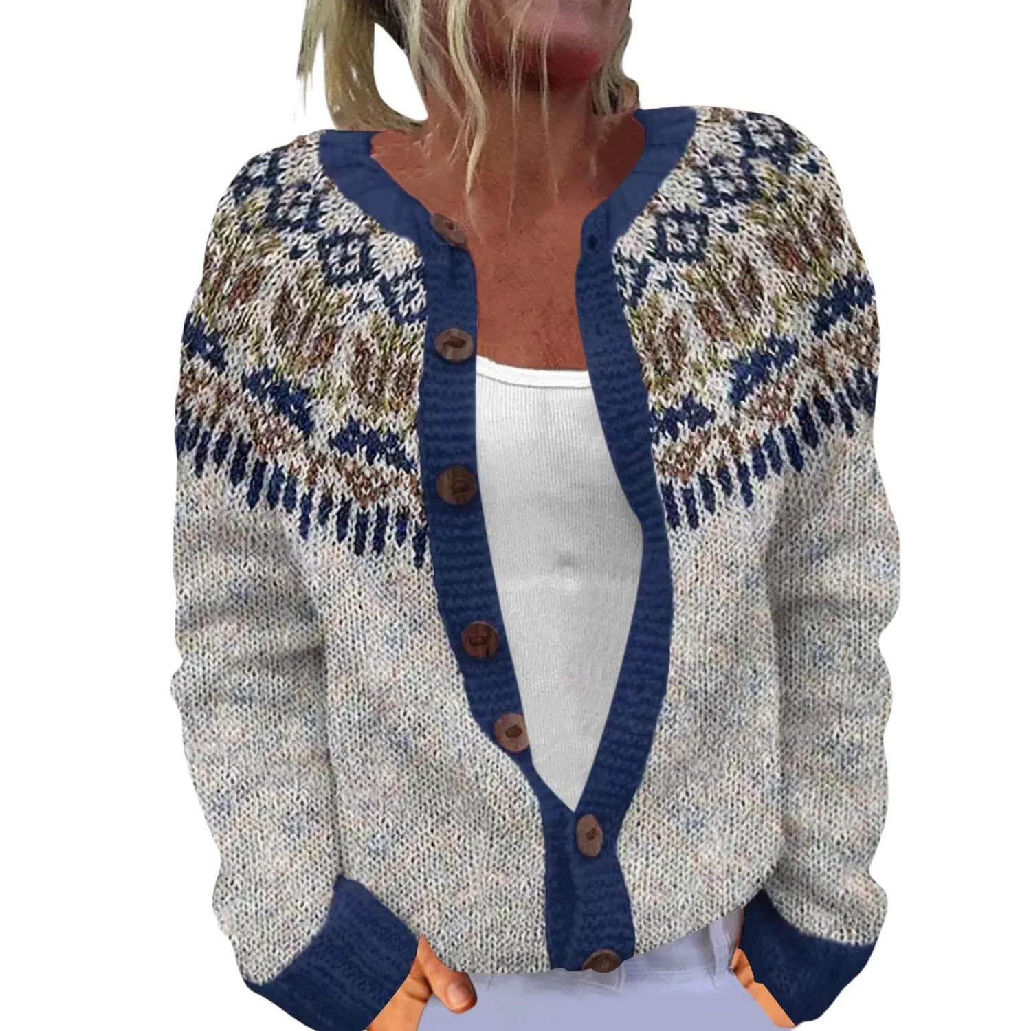 Женский кардиган с нордическим узором Fair Isle с длинным рукавом, Blue-f