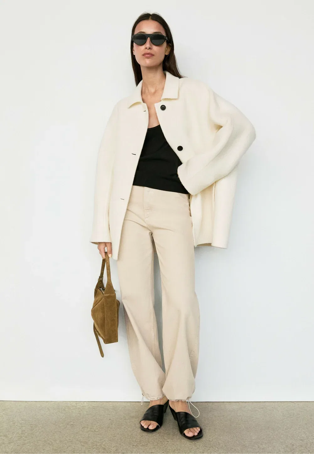 Однобортное пальто средней длины из шерстяной смеси - классическое пальто Massimo Dutti, White — фото 4