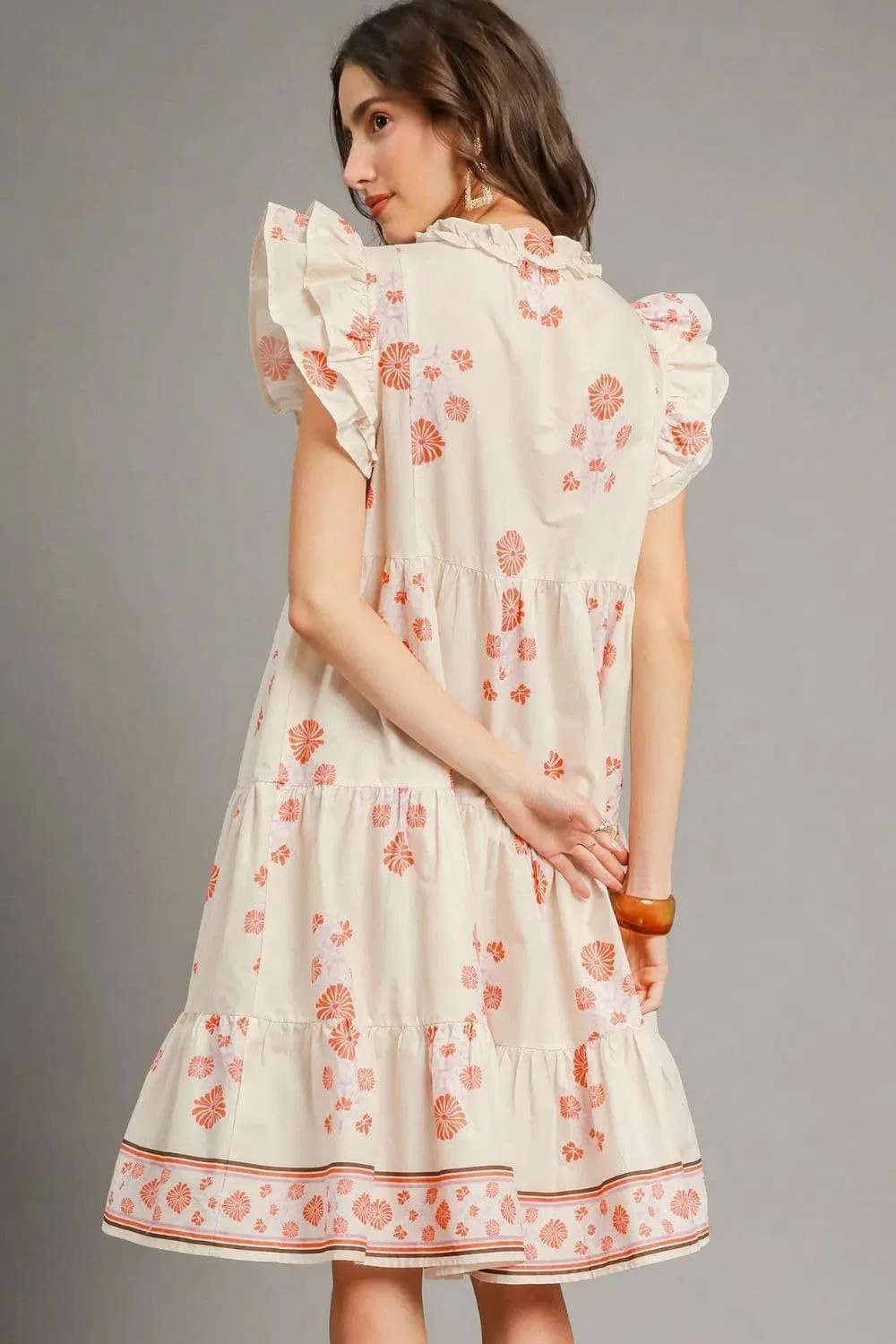 Женское платье с цветочным принтом Tie Neck Ruffle Cap Sleeve, Burnt Coral — фото 4