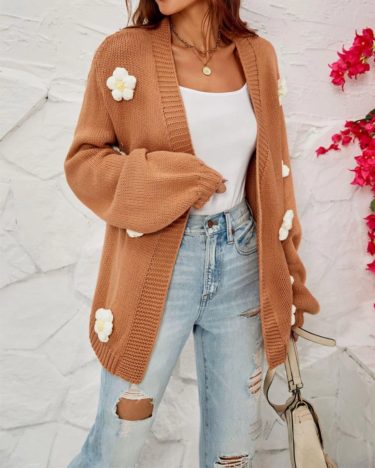 Женский кардиган с цветочным принтом, укороченный, с открытым передом, Vintage Preppy Aesthetic, Khaki — фото 4