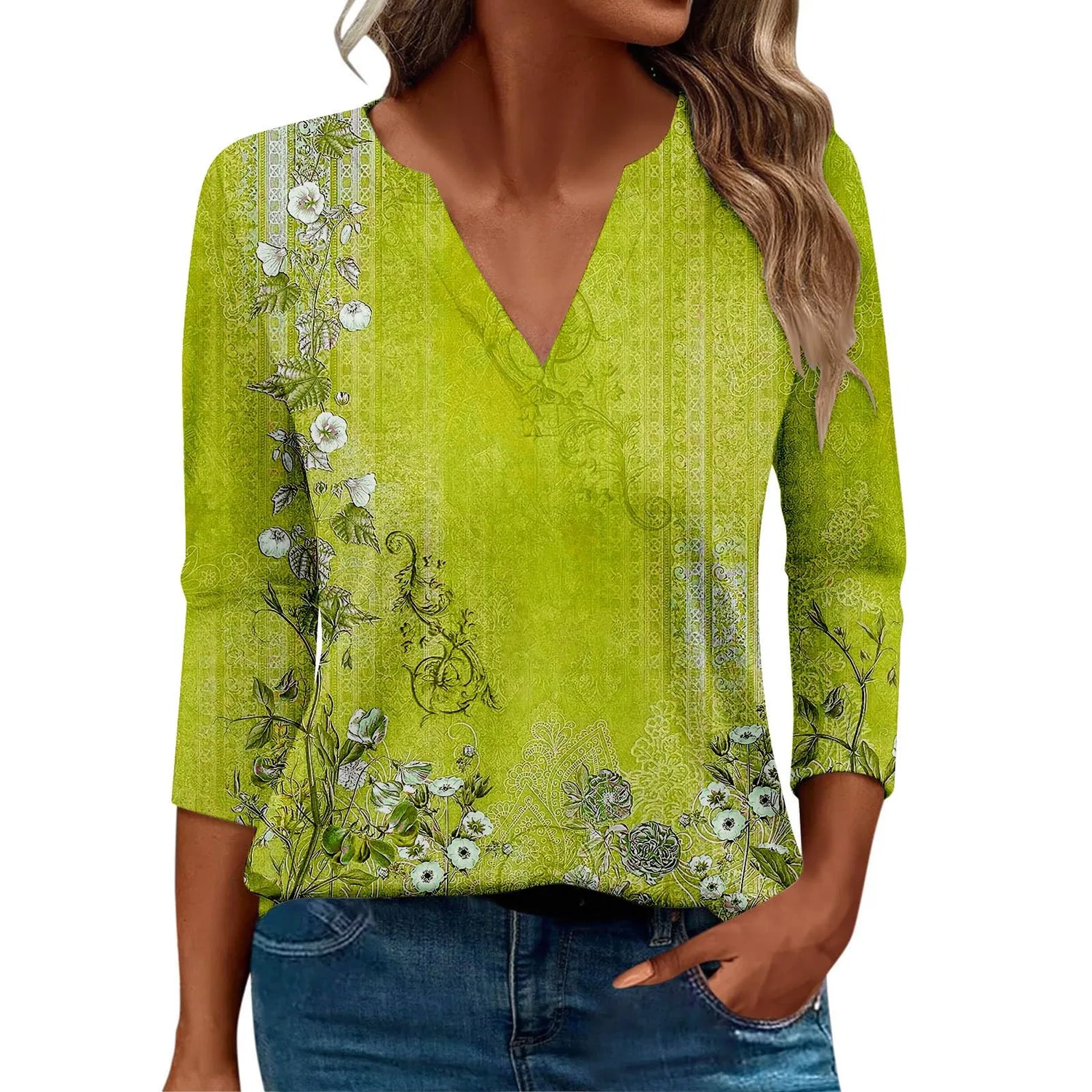 Женская блуза с принтом Women Blouses 3/4 Sleeve V Neck Casual Elegant Summer Boho Floral Print Blouses, 42#giallo