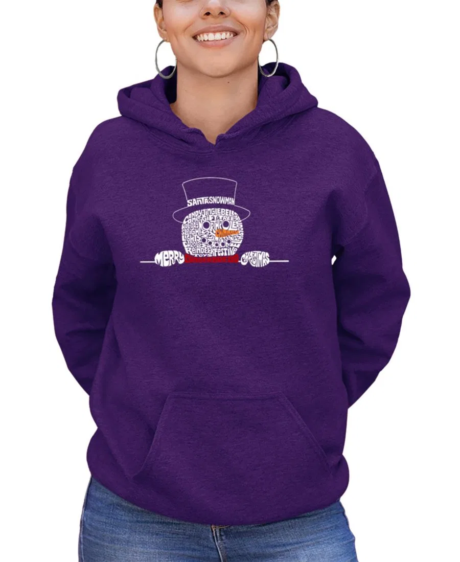 Женский худи с капюшоном и принтом Peeking Snowman Word Art LA Pop Art, Purple