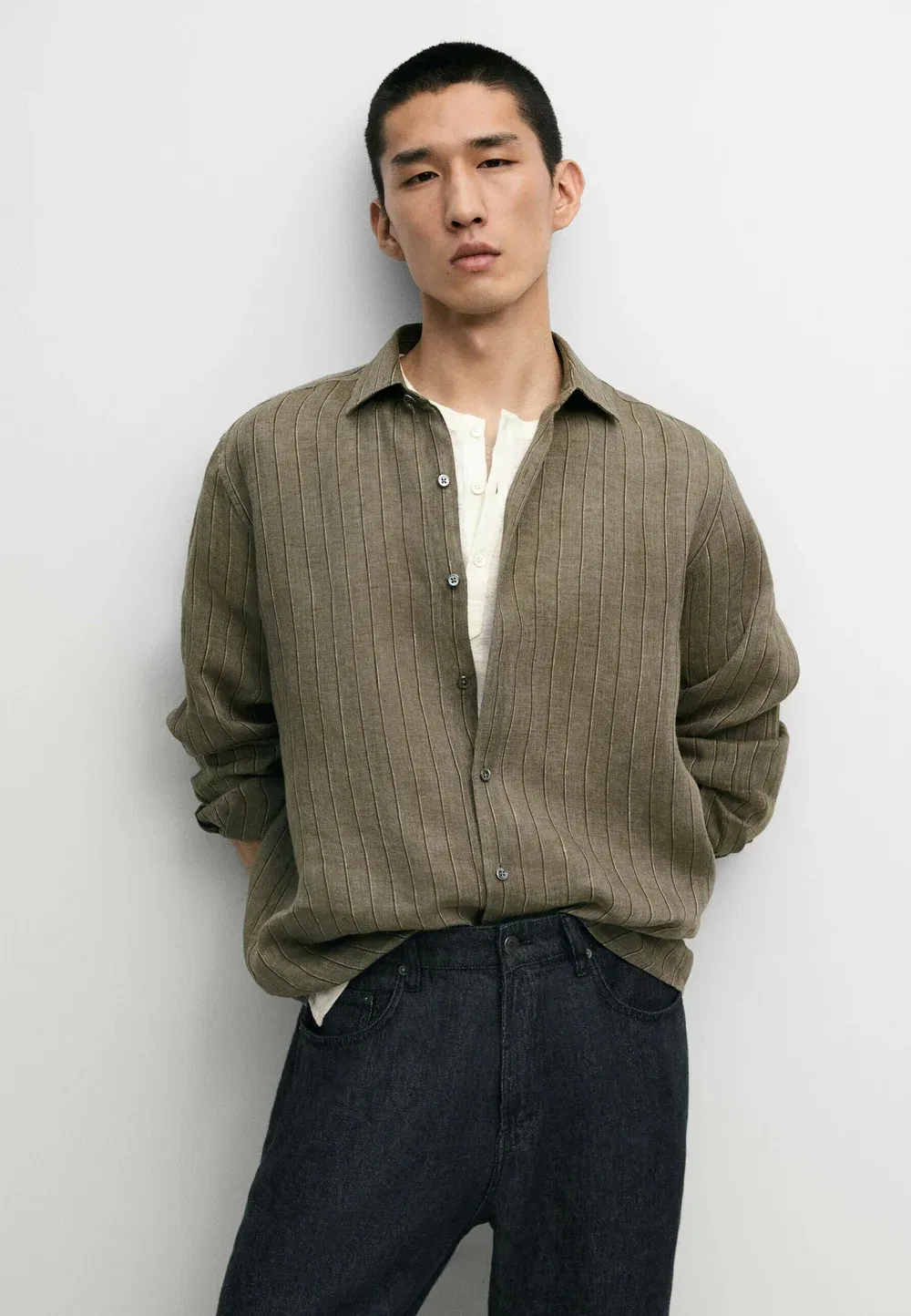 Рубашка в полоску, стандартный крой, 100% лен Massimo Dutti, Dark Green