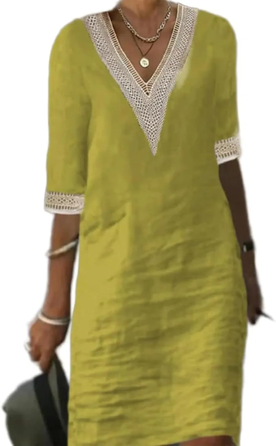 Женское летнее платье миди с V-образным вырезом Cotton Linen, Yellow