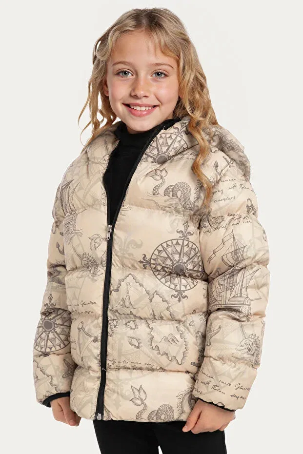 Детское зимнее пальто для девочек с принтом Compass Pattern Riverstorm, Beige