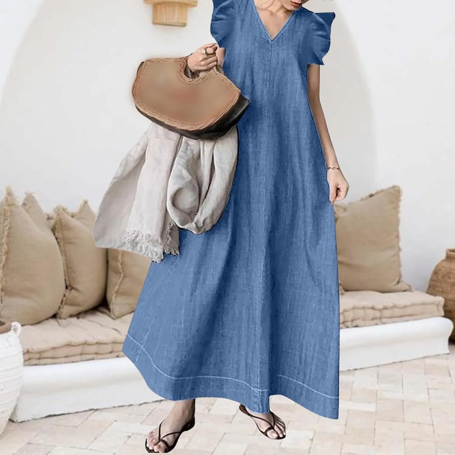 Женское джинсовое платье макси V-образный вырез воланы Casual, Sky Blue — фото 3