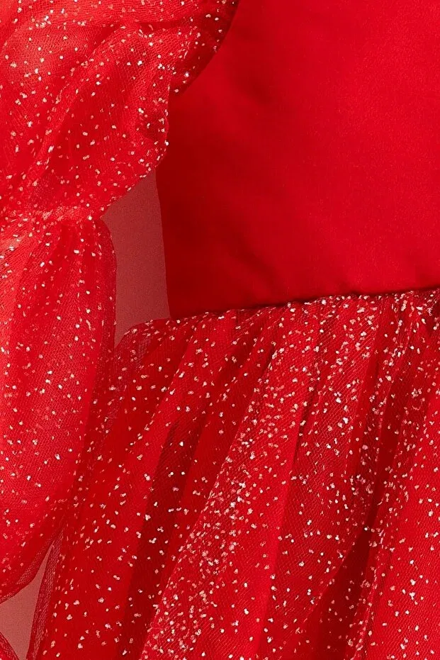 Детское платье для девочек с длинным рукавом Pearlie ruffled sleeve glitter tulle girls' dress Banamio, Red — фото 3