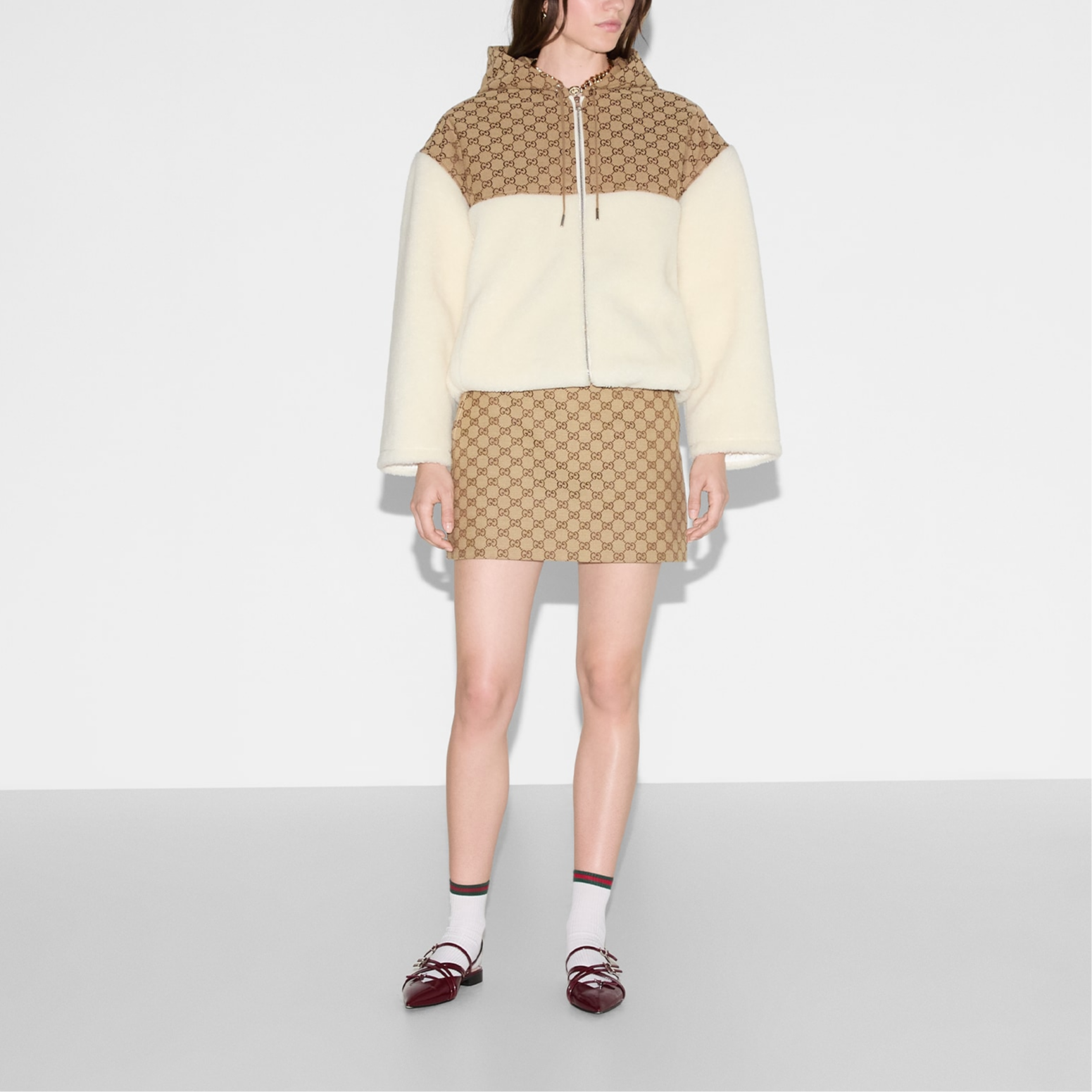 GUCCI Интарсия зип-худи из шерстяного флиса 'White/Camel' — фото 2