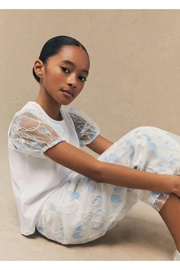 Детские брюки для девочек из тюля Embroidered tulle pants Mango Kids, Off White — фото 4