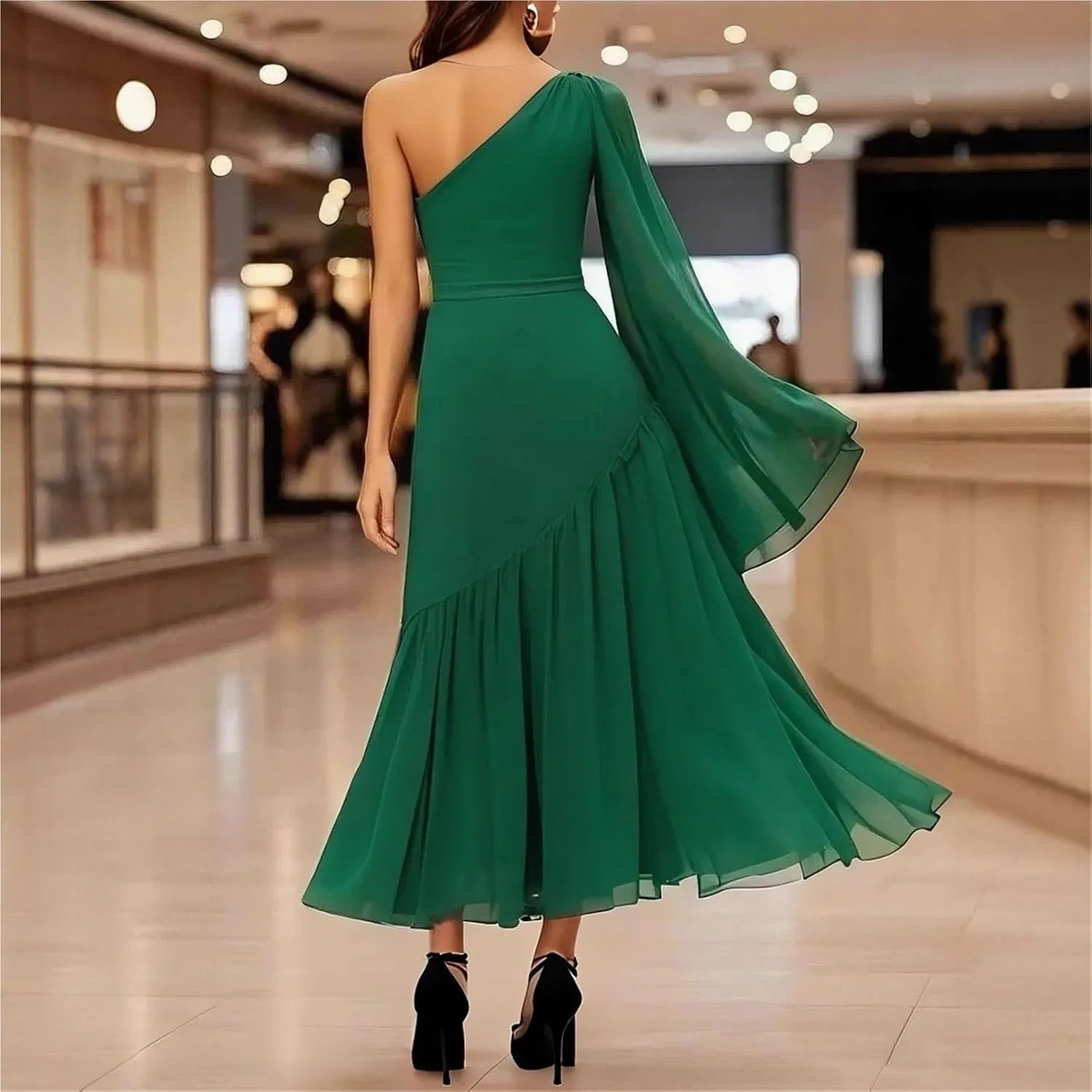 Женское вечернее платье макси с одним рукавом и открытой спиной, Green — фото 3