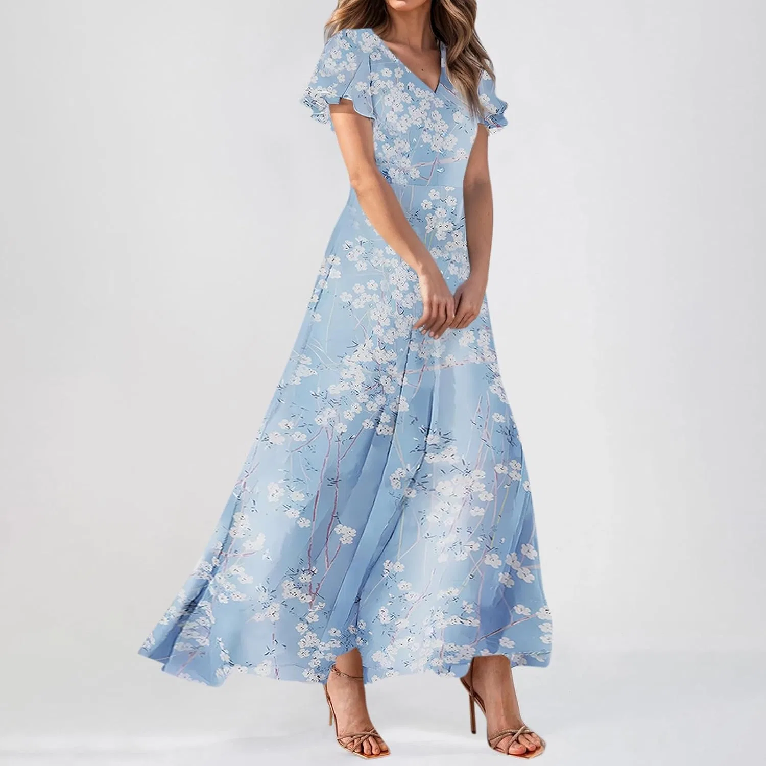 Женское цветочное платье макси V-образный вырез Chiffon, Sky Blue — фото 2