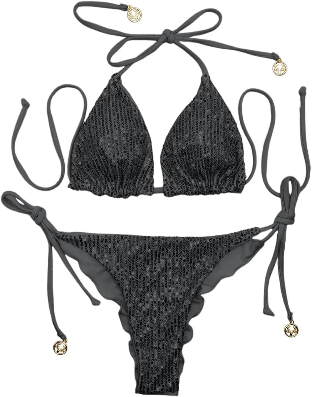 Женский бикини-комплект с пайетками Women Shiny Sequin Halter Bikini Set, Black — фото 4