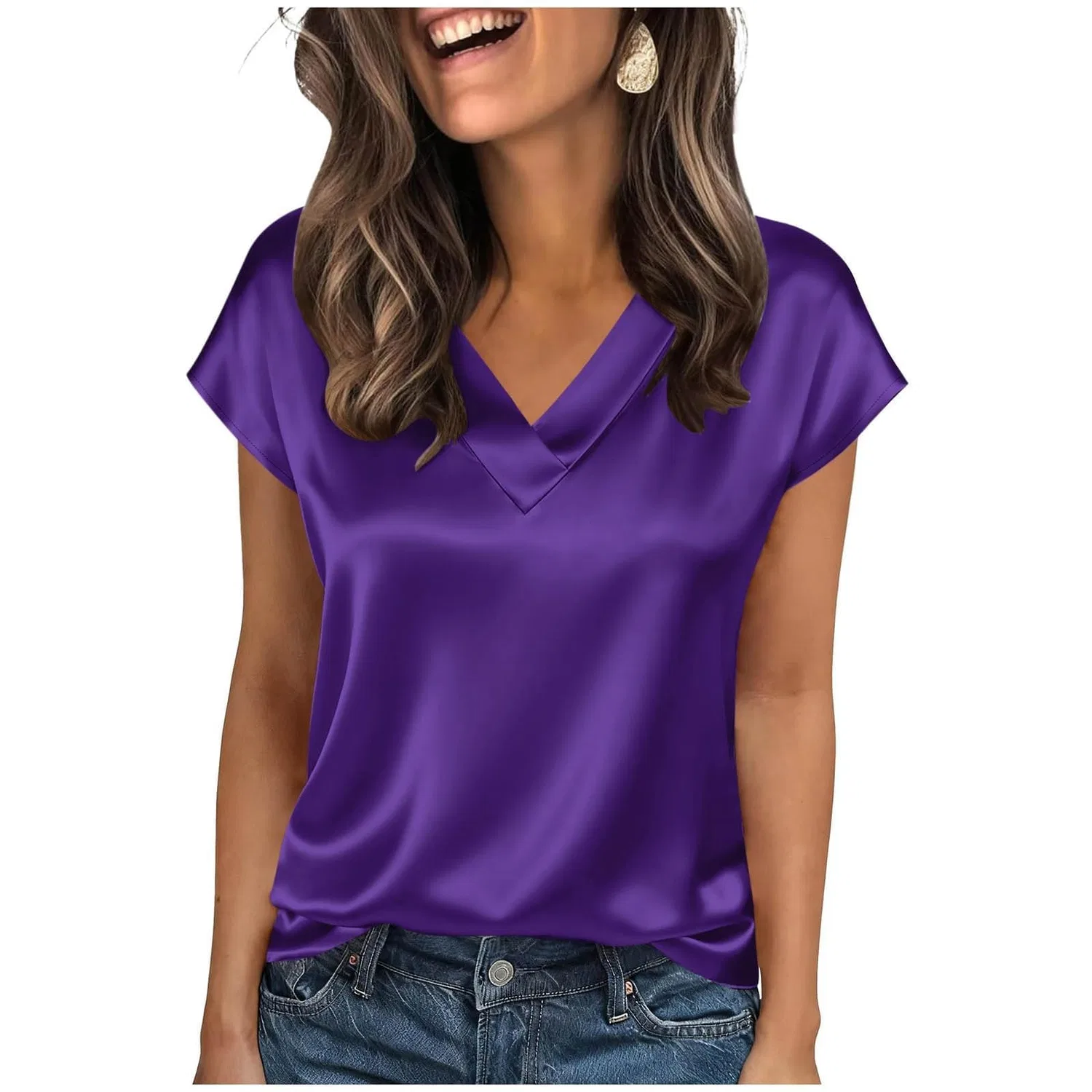 Женская блузка с коротким рукавом из шелкового сатина, Purple Satin Blouses for Women