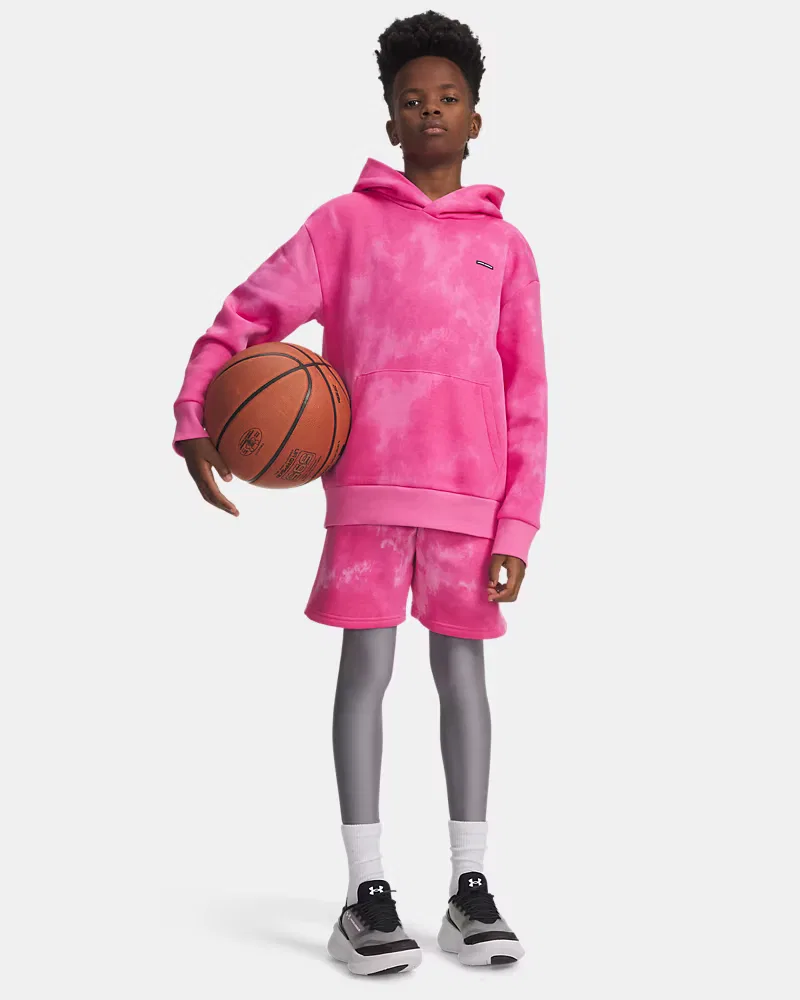 Шорты детские из хлопкового флиса с кулиской UA Icon Fleece Vintage UnderArmour, Pink Frenzy/Black — фото 3