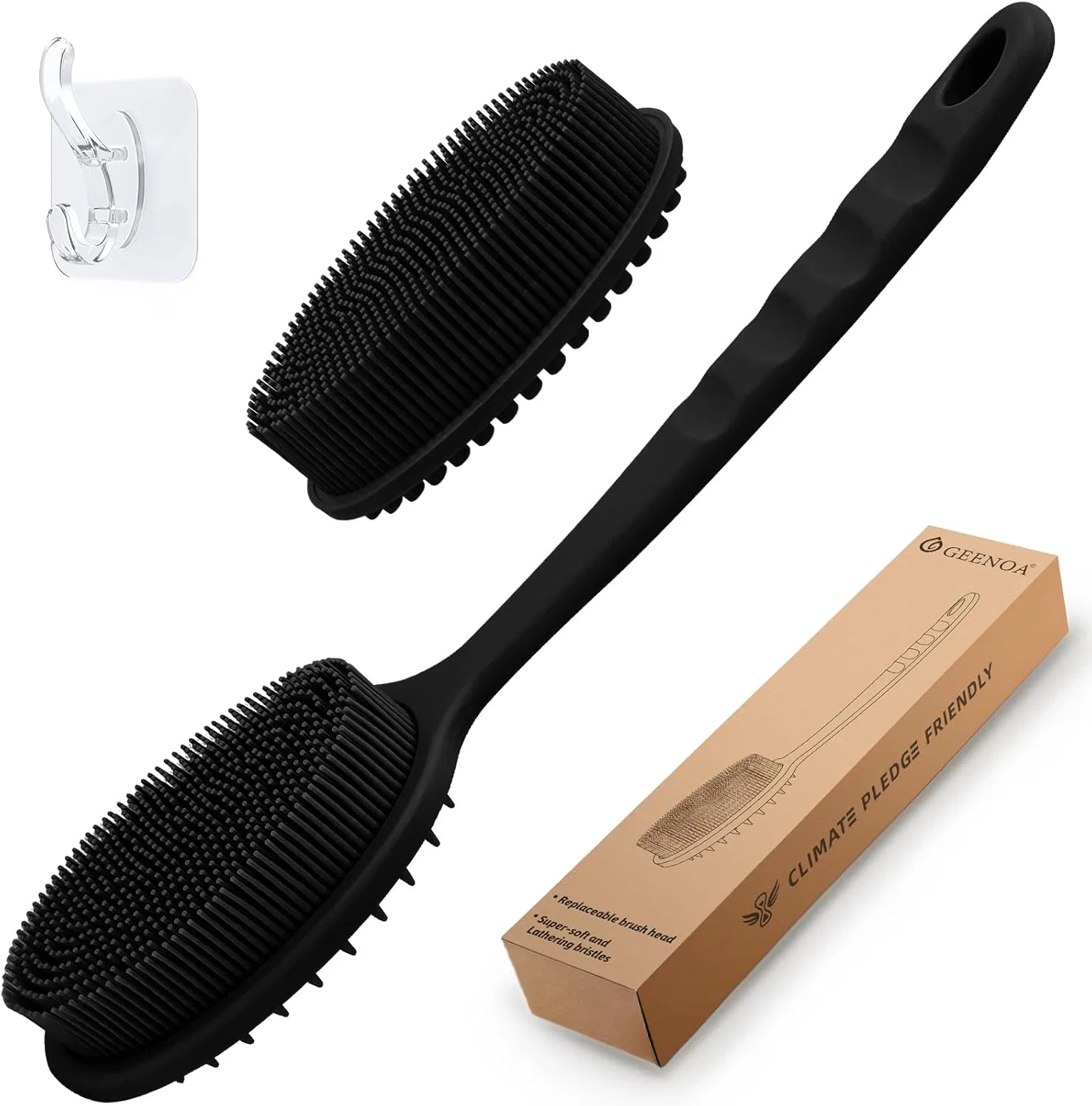 Силиконовая щетка для душа GEENOA с двумя сменными насадками, 34 см, Black