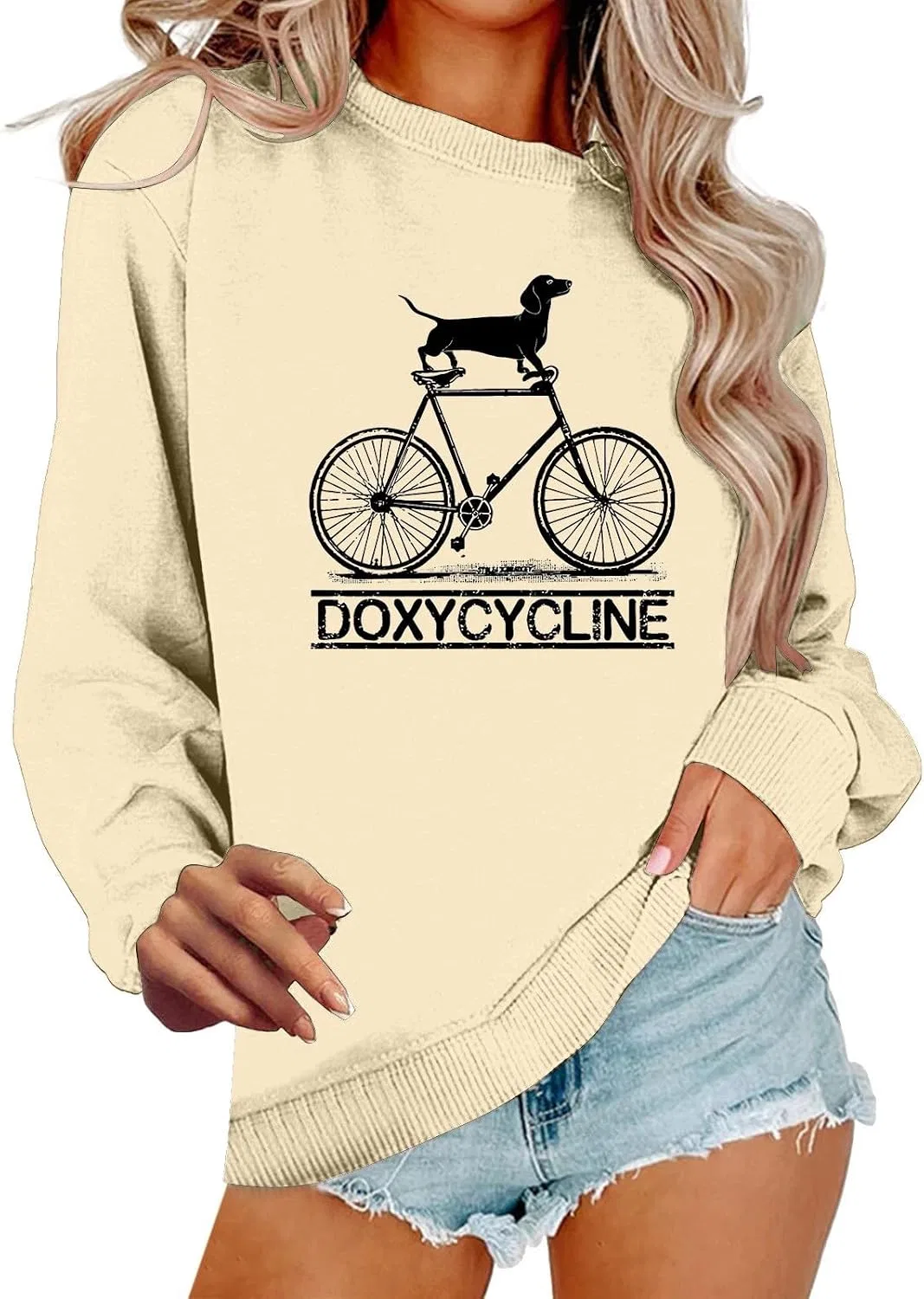 Женский свитшот с принтом Doxycycline Dachshund, бежевый — фото 2