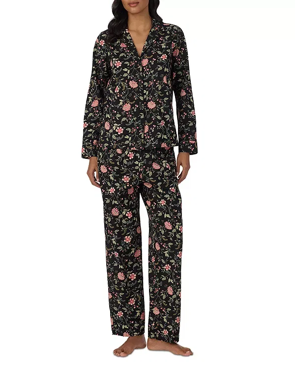 Женская пижама с принтом Long Sleeve Classic Woven Notch Collar Long Pants Pajama Set Ralph Lauren, Black Ground Floral