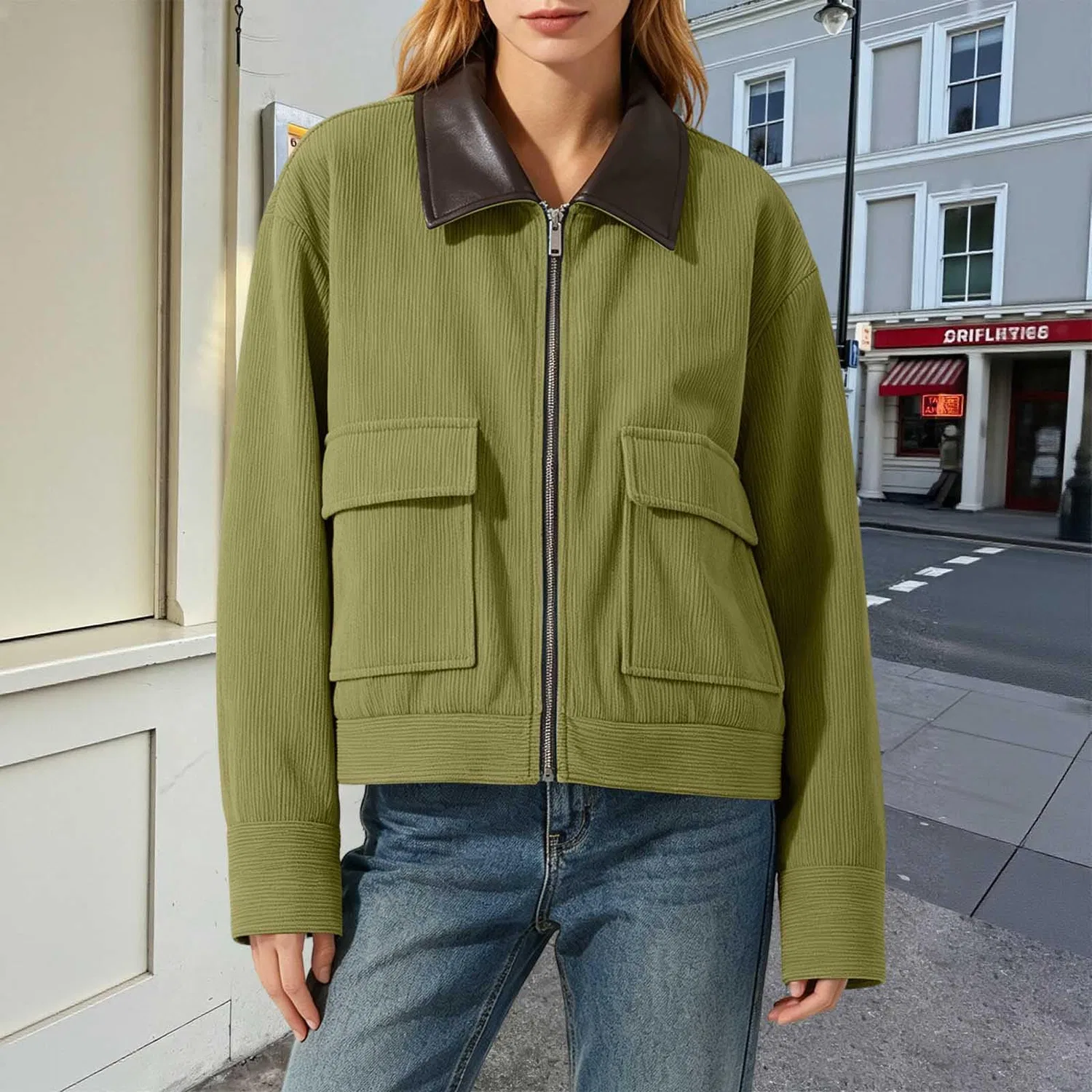 Женская куртка-бомбер с контрастным воротником Rib Cropped Biker Coat, Verde militare — фото 2