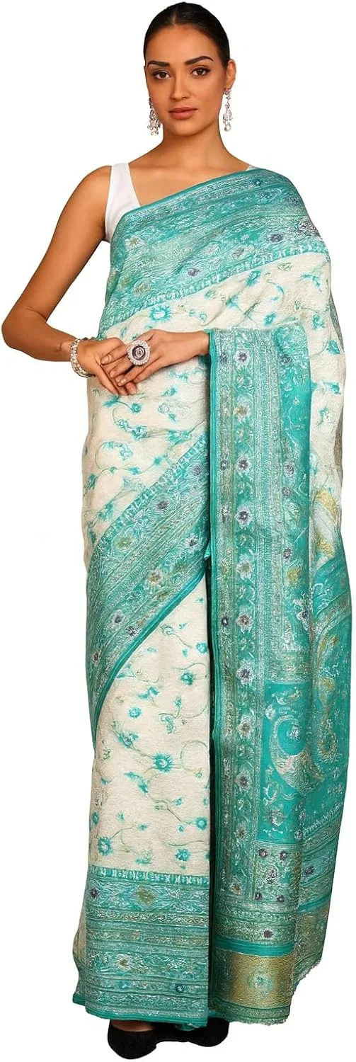 Женское сари из чистого шелка с вышивкой Partywear, Sky-blue