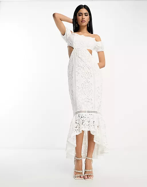 

Платье Asos Design lace bardot cut out maxi with frill hem, белый