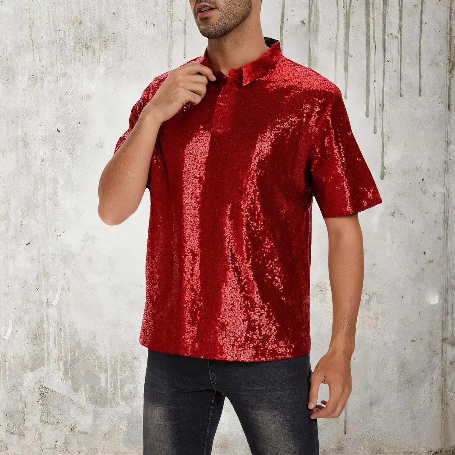 Мужская рубашка с пайетками Metallic Shiny Short Sleeve Turndown Collar Button Up Golf Shirts Sparkle Disco Party Shirt, винный — фото 2