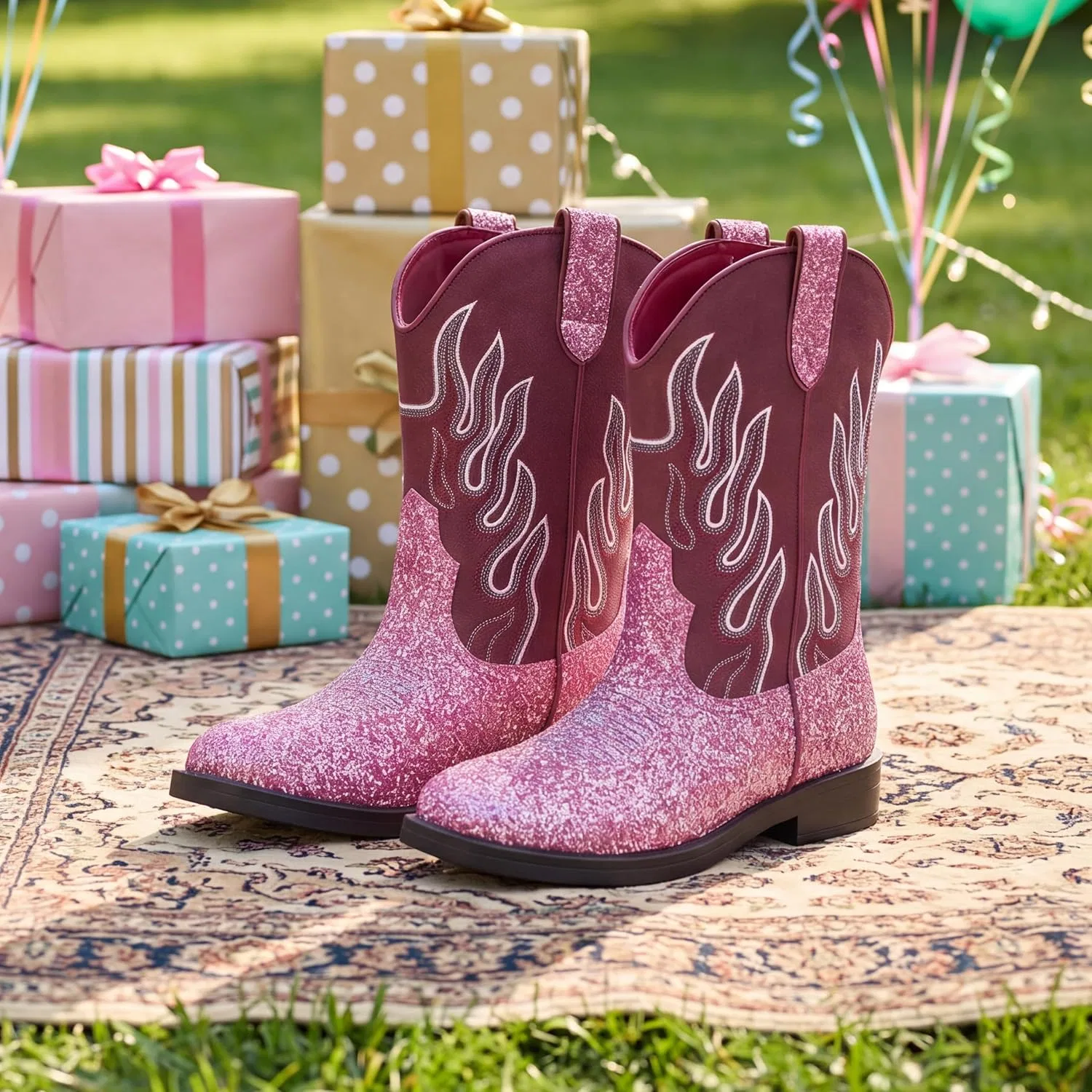Детские сапоги для девочек с принтом Cowboy Boots PATPAT, Glitter Pink — фото 3