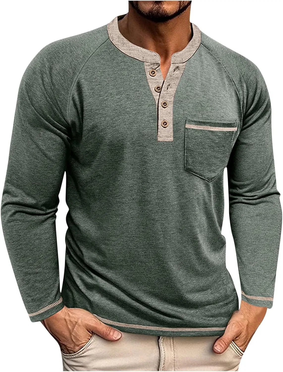 Мужская повседневная рубашка хенли с карманом, Army Green